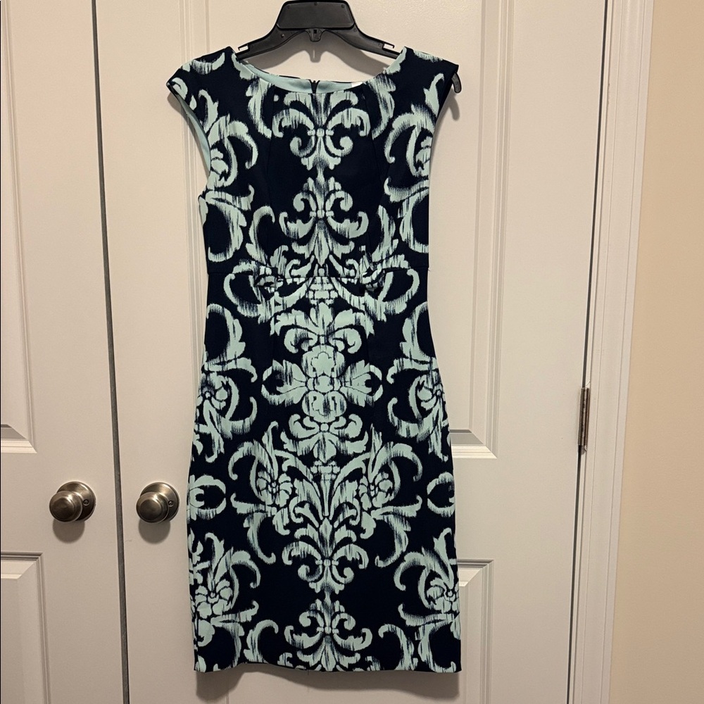 Dress Barn Navy and Light Blue Patterned Midi Dress